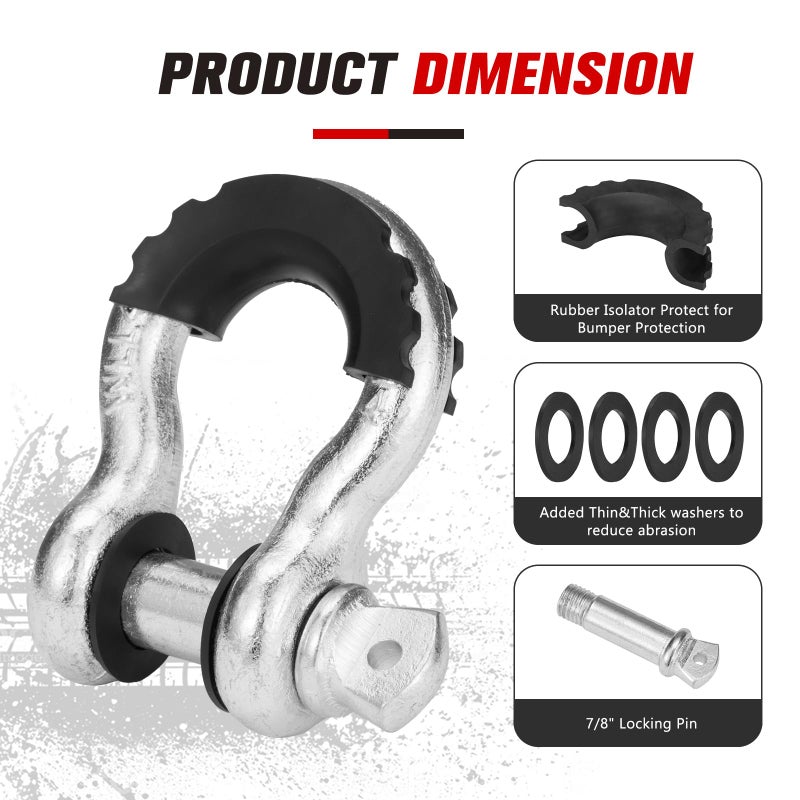 FieryRed 3/4 Inch D Ring Shackle 22,046Ibs Break Strength with 7/8 Inch Locking Pin,Black Isolator Washer Kits to Use with Tow Strap,Pack of 2 - Image 5